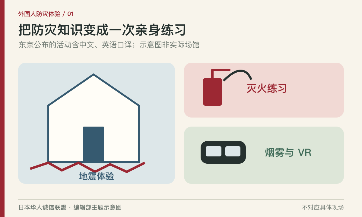 地震、灭火、烟雾与VR防灾体验的主题示意图。编辑部主题示意图，不对应具体现场。