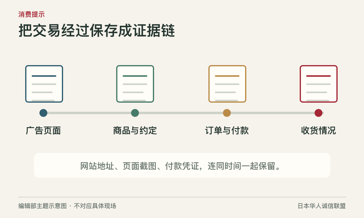 广告、商品说明、订单付款和收货情况四段交易证据链。编辑部主题示意图,不对应具体现场。